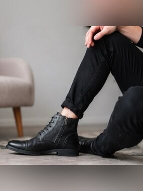 🖤 Robert Wayne Black Leather Ankle Boots Mens Size 11D Lace Up Zip Dress✨
